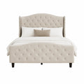 Beige Fabric Queen Bed with Button-Tufted Headboard