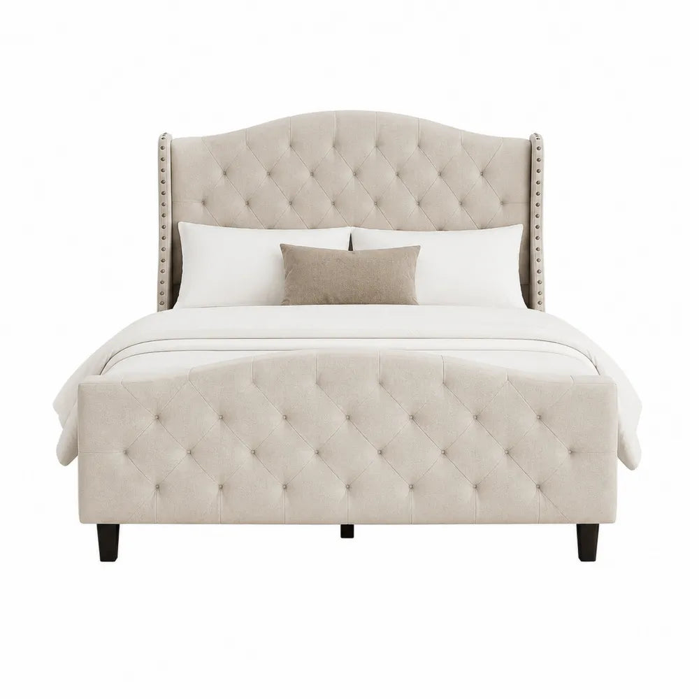 Beige Fabric Queen Bed with Button-Tufted Headboard