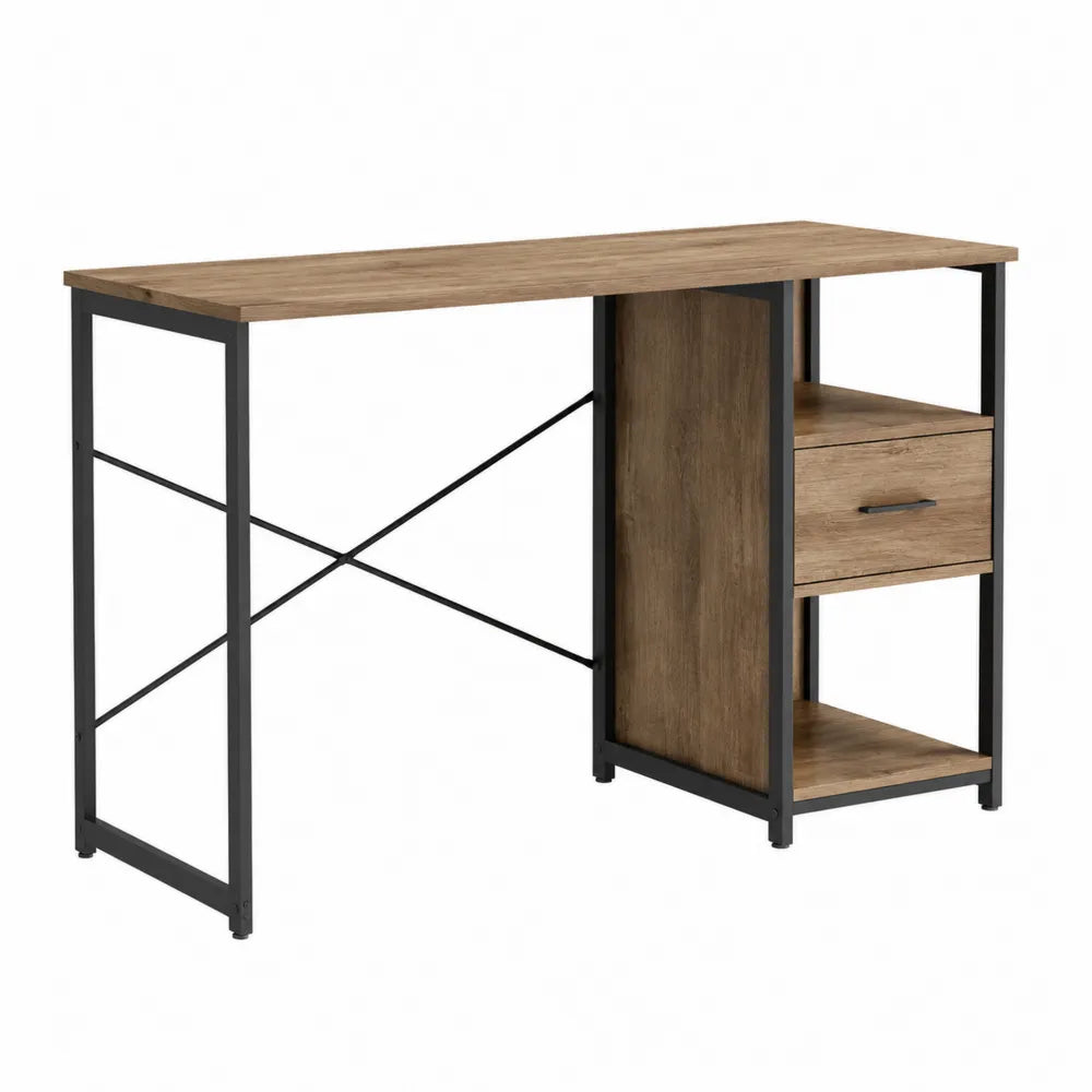 Wood and Metal Desk with Drawer and Shelves
