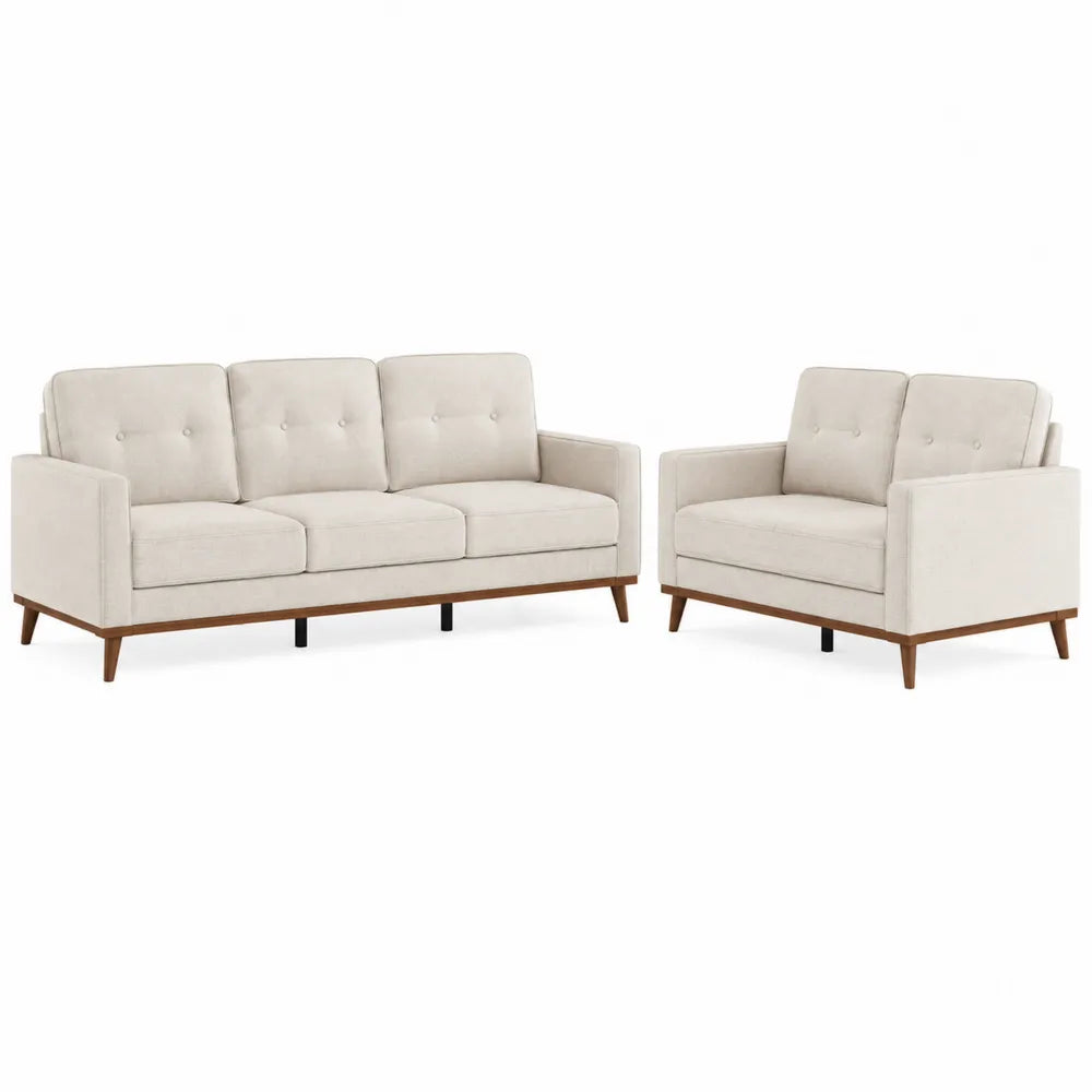 Beige Fabric Sofa Set with Wooden Base
