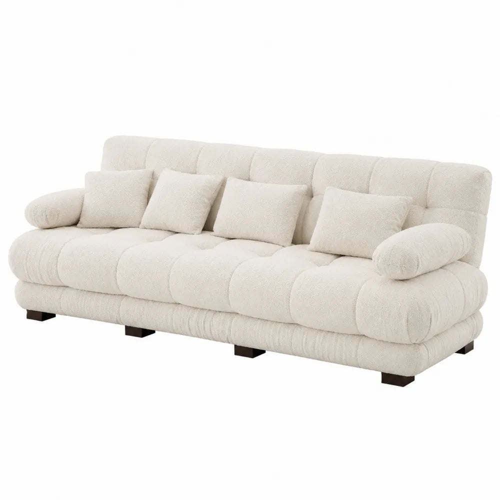 Beige Fabric 3-Seater Sofa with Cushions and Wooden Legs