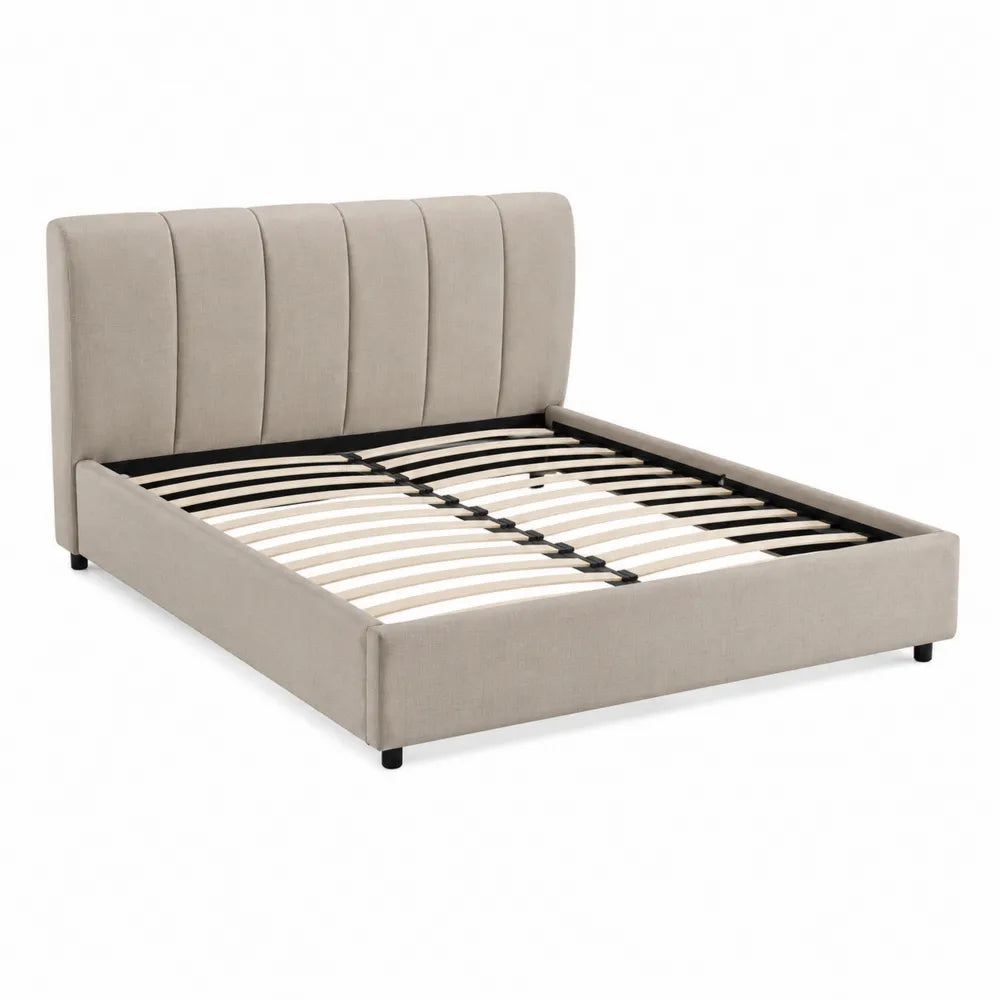 Queen Size Linen Fabric Upholstered Platform Bed Beige