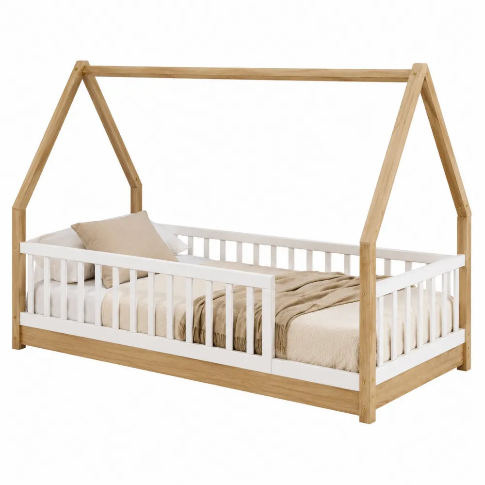 Wooden House-Shaped Kids Bed with Guardrails 200cm x 90cm