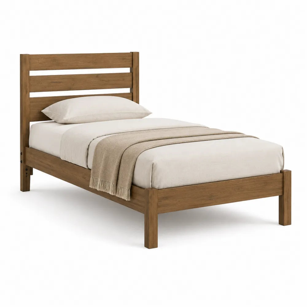 Twin Solid Oak Wood Bed Frame with Slat Headboard and Footboard 203cm x 98cm x 100cm