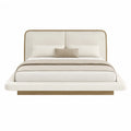 King Platform Bed with Faux Leather Upholstered Headboard in Beige and Wood Frame