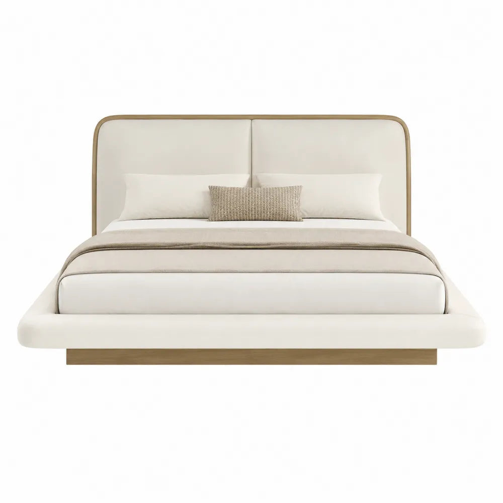 King Platform Bed with Faux Leather Upholstered Headboard in Beige and Wood Frame