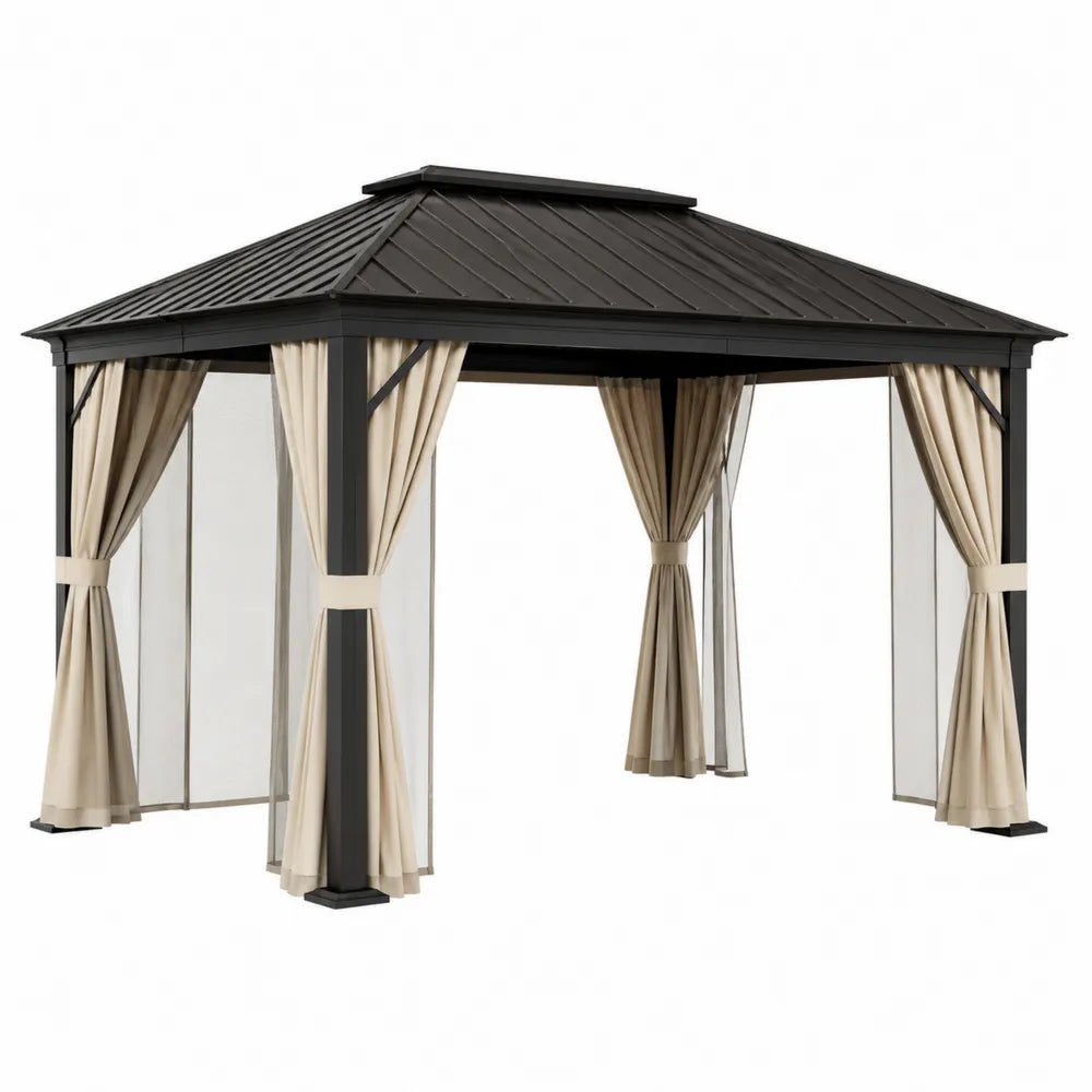 Steel Gazebo with Polyester Curtains and Mosquito Netting, 400cm x 300cm x 270cm