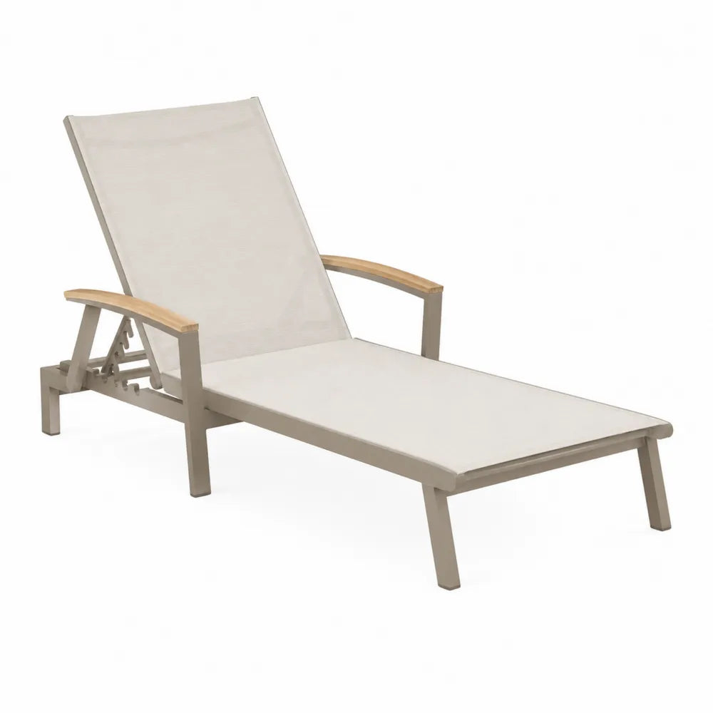 Aluminum Chaise Lounge with Teak Armrests Beige 200cm x 70cm