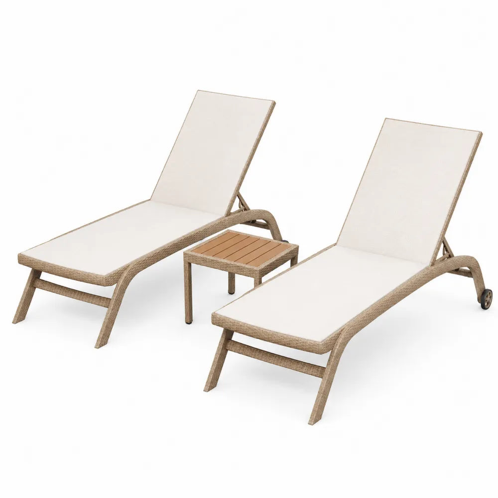 Outdoor Wicker Chaise Lounge Set with Adjustable Backrests and Teak Table