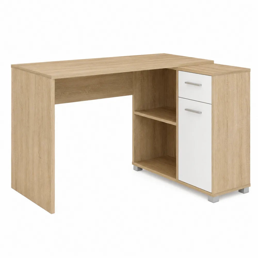 L-Shaped Wood Desk with Storage in Oak and White 75x120x50 cm