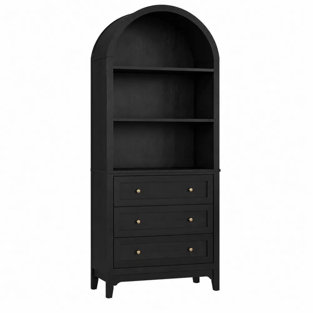 Wood Tall Arch Bookcase with Drawers Black 200cm x 90cm x 40cm