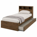 Twin Wood Bed with Storage Drawer and Bookshelf Headboard