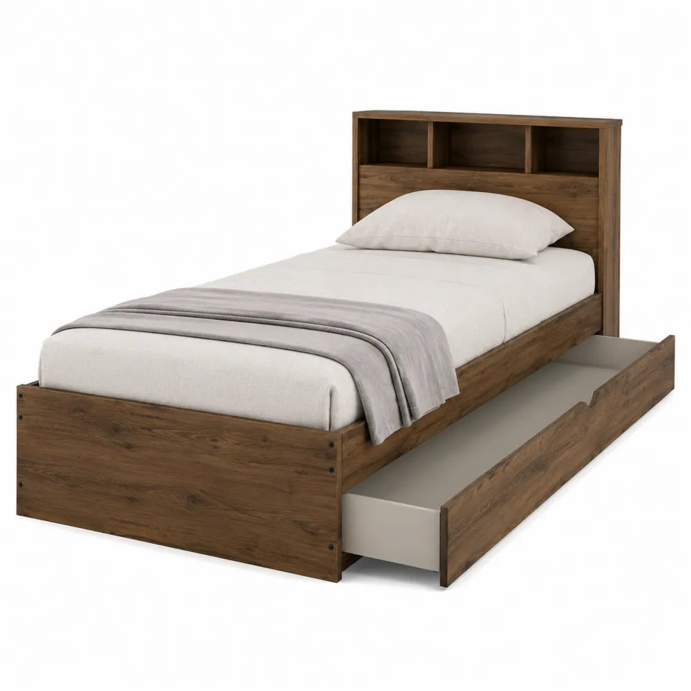 Twin Wood Bed with Storage Drawer and Bookshelf Headboard