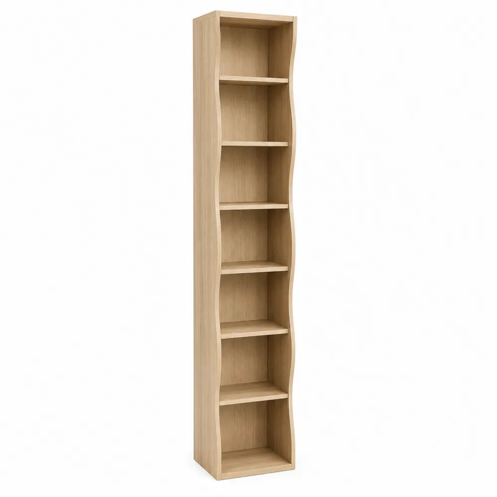 Tall Wavy Bookcase MDF Wood Veneer Light Oak 6-Shelf Unit