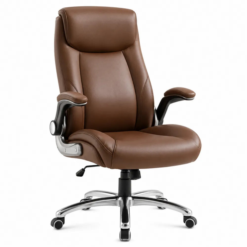 Brown Leather Executive Office Chair with Adjustable Armrests and High Back