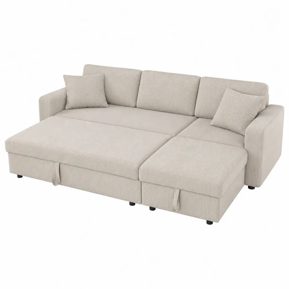 Sectional Sofa Bed with Corduroy Upholstery Beige with Chaise and Cushions