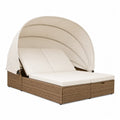 Outdoor Double Daybed with Adjustable Canopy and Wicker Frame with Beige Cushions