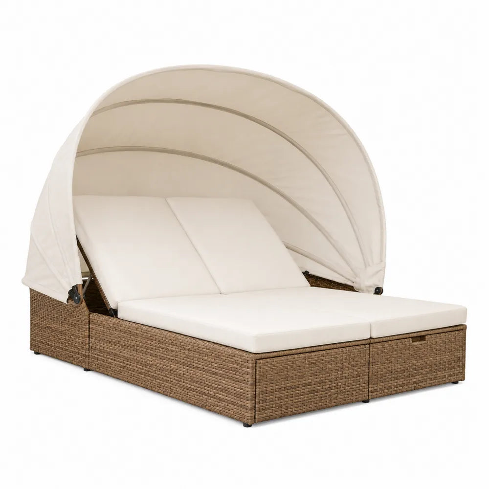 Outdoor Double Daybed with Adjustable Canopy and Wicker Frame with Beige Cushions