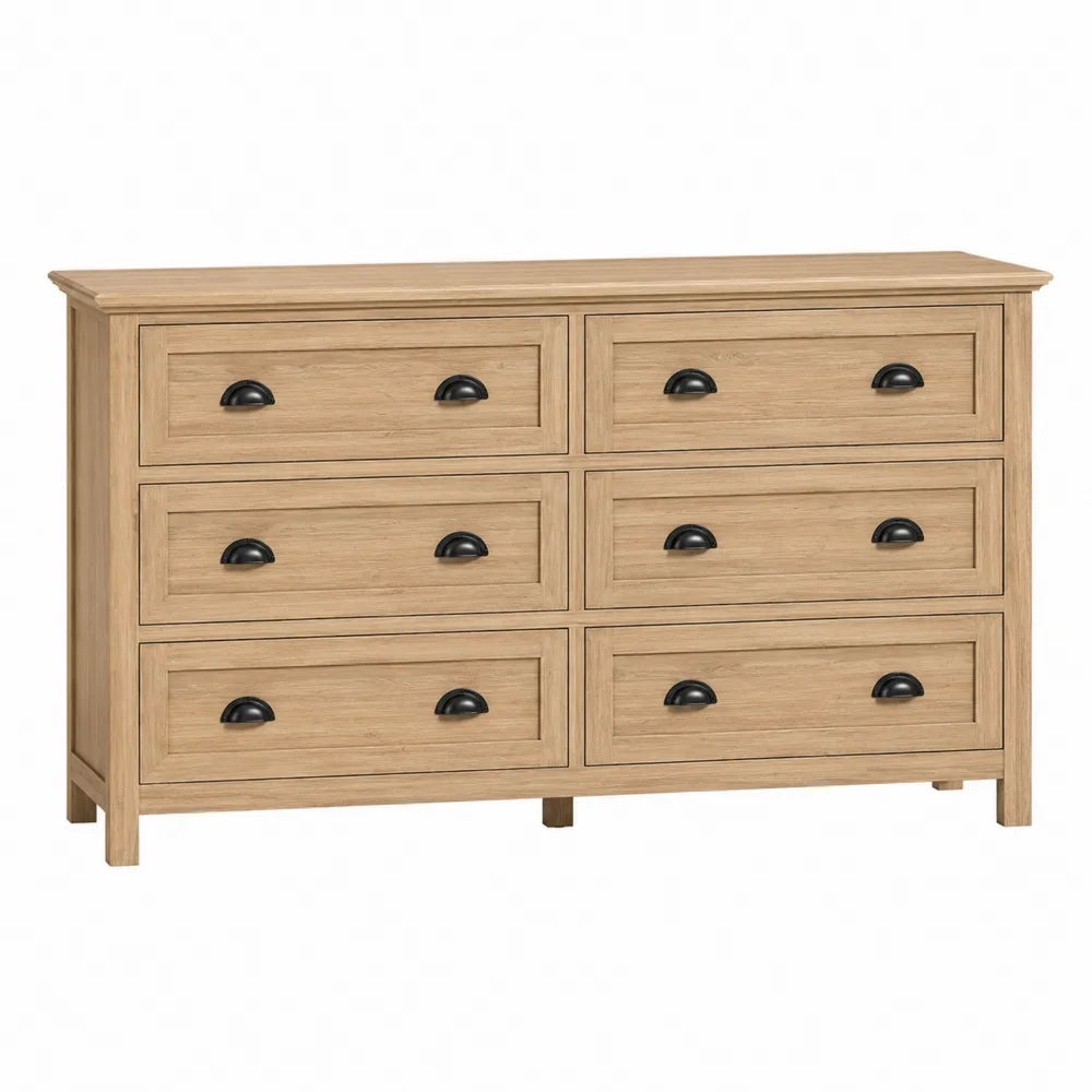Oak 6-Drawer Dresser with Black Metal Handles 150cm x 45cm x 80cm