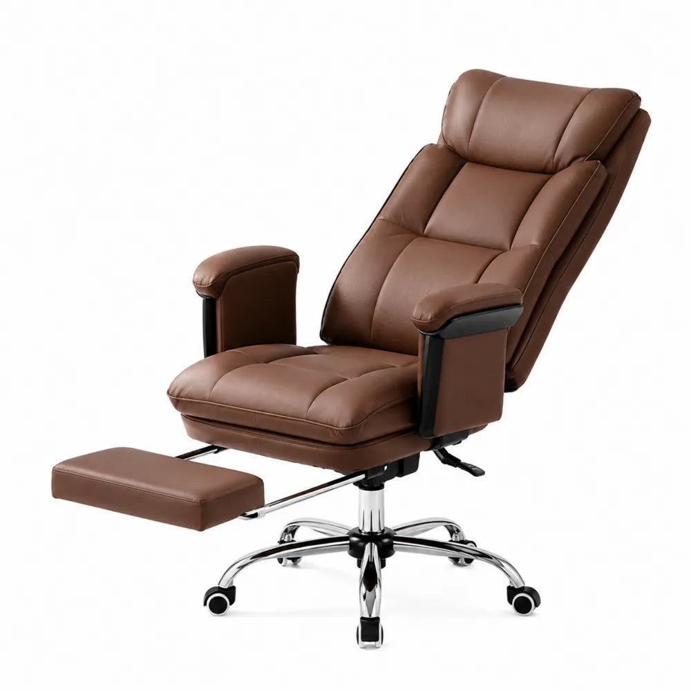 Reclining Office Chair with Footrest PU Leather Brown Adjustable High Back Desk Chair