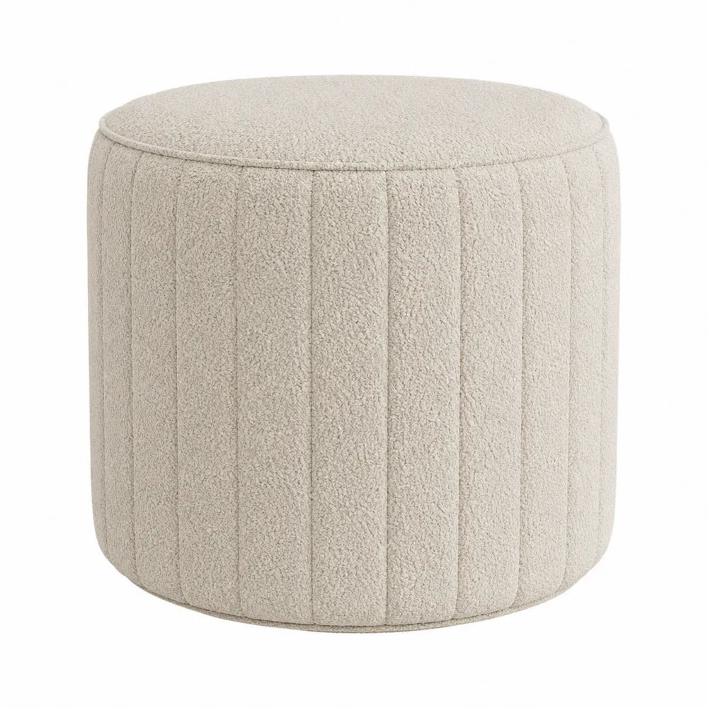 Round Ottoman Boucle Fabric Beige 40cm Diameter