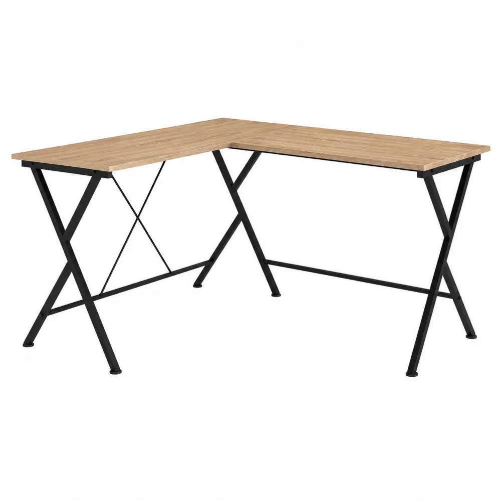 L-Shaped Desk MDF Wood Veneer Surface Black Steel Frame 120cm x 140cm x 75cm