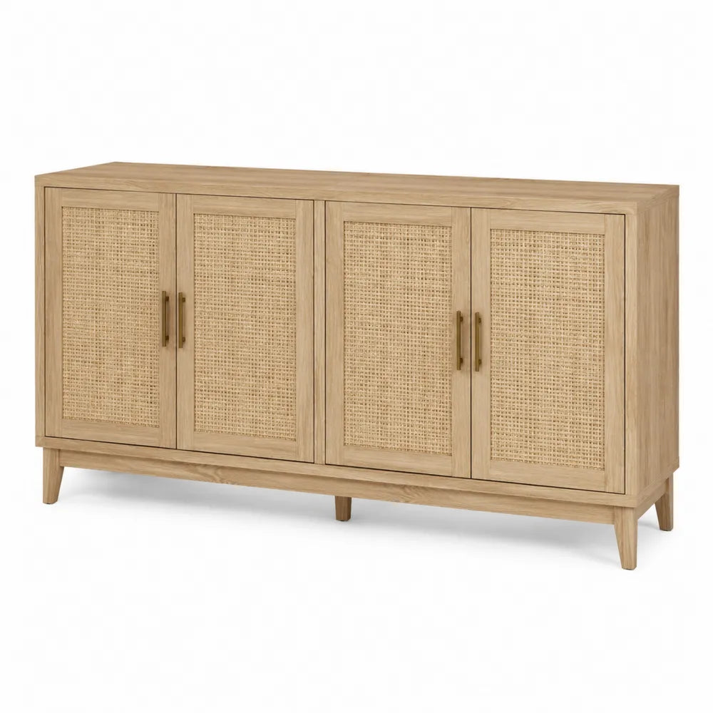 Rectangular Solid Wood and Cane Sideboard Cabinet 183x45x85 cm