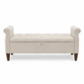 Cream Upholstered Tufted Storage Bench with Rolled Arms and Wood Legs