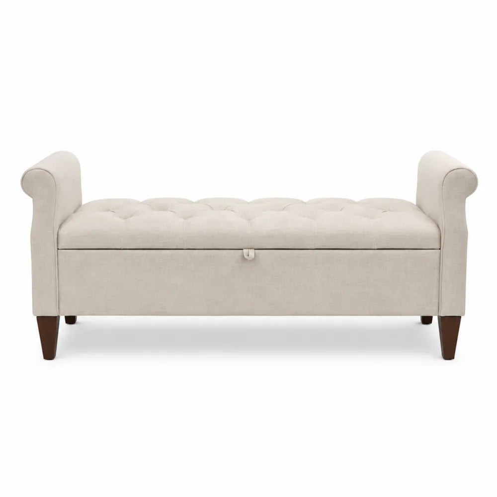 Cream Upholstered Tufted Storage Bench with Rolled Arms and Wood Legs