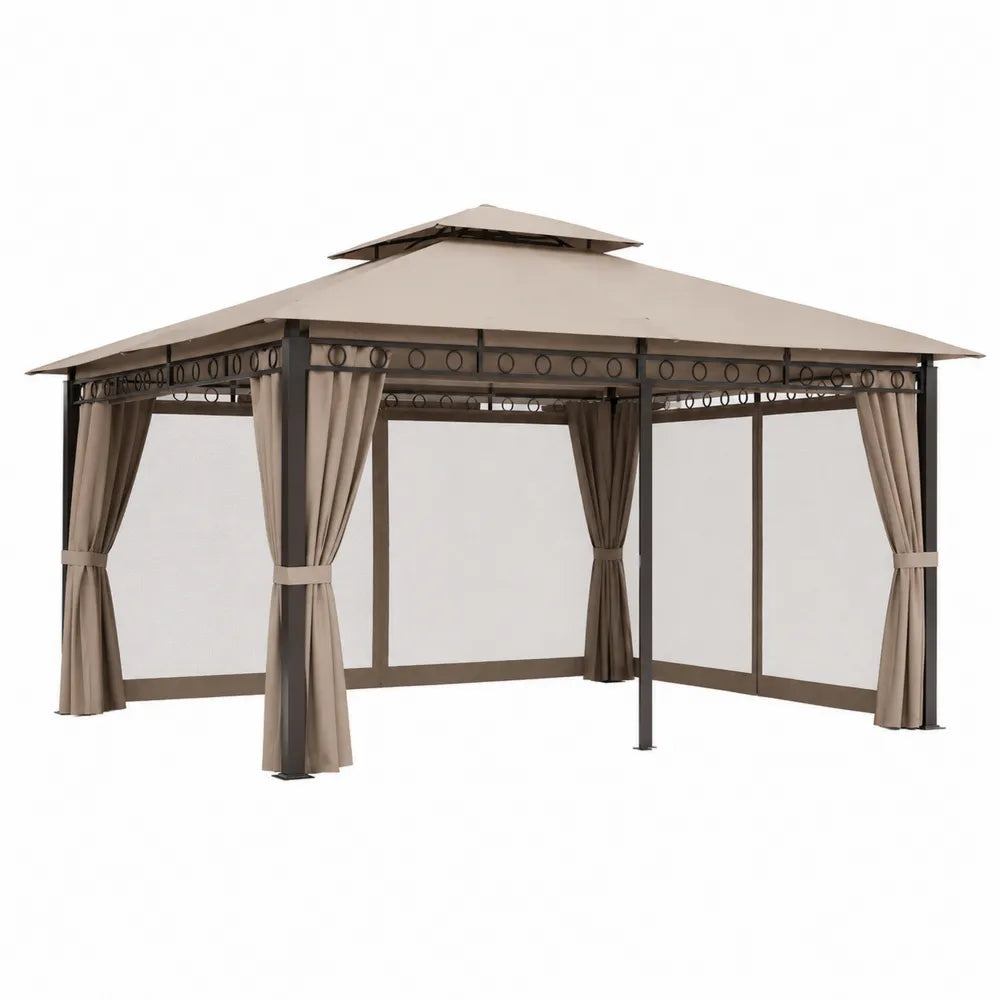 Outdoor Gazebo Double Roof Square Steel Frame with Polyester Curtains Khaki 4m x 4m