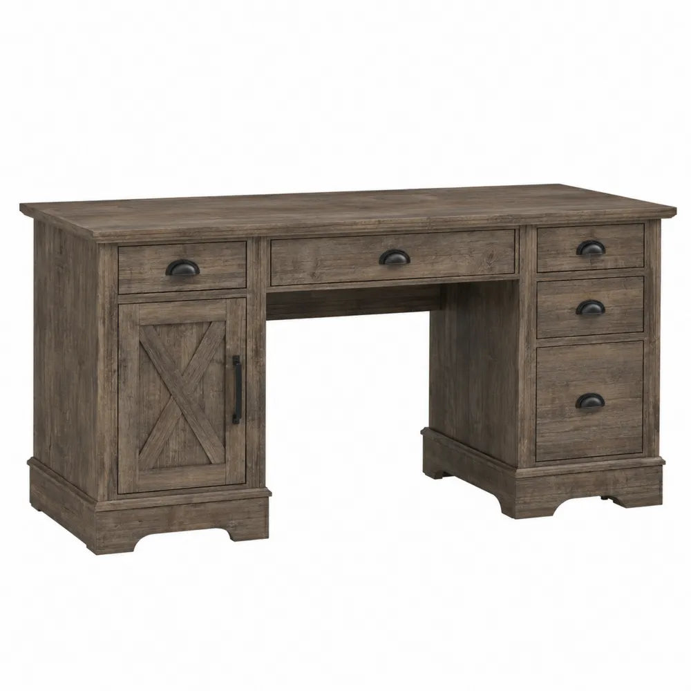 Rustic Wood Office Desk with Storage Drawers and Cabinet 152cm