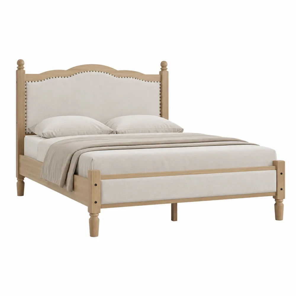 Queen Size Bed with Solid Pine Wood and Beige Linen Upholstered Headboard