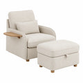 Beige Polyester Armchair with Ottoman and Oak Tray