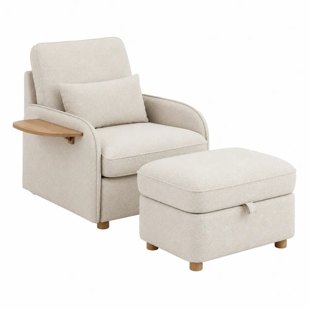Beige Polyester Armchair with Ottoman and Oak Tray