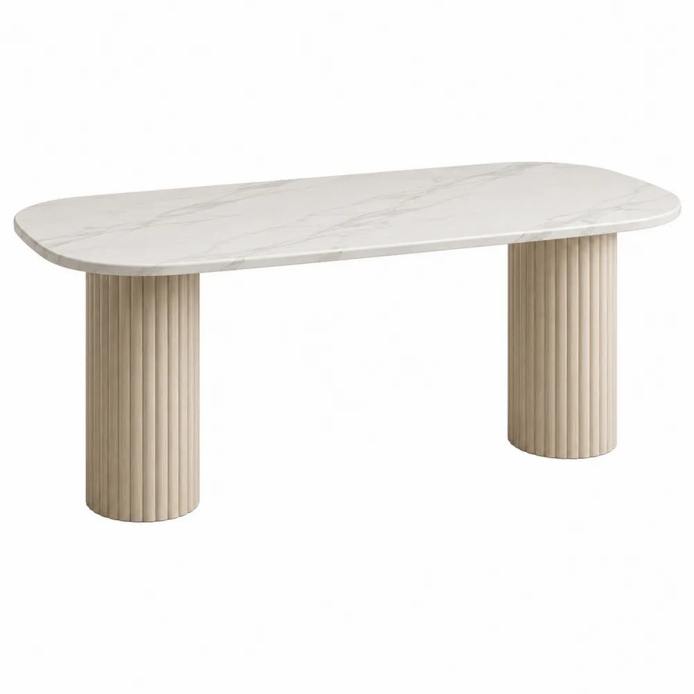 Rectangular Marble Top Dining Table with Fluted Wood Legs 180x90x75 cm