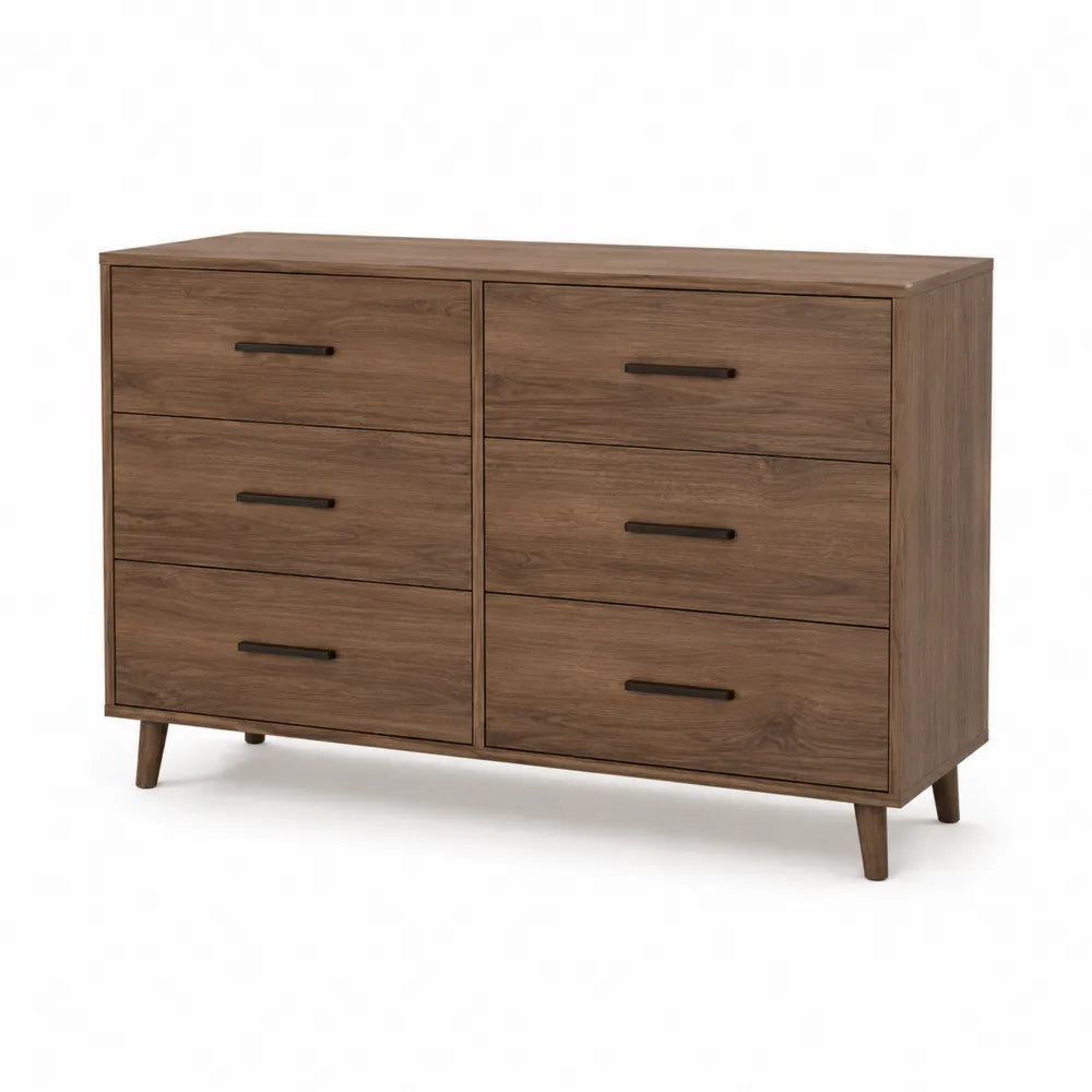 6-Drawer Walnut Dresser with Metal Handles 140cm x 45cm x 80cm