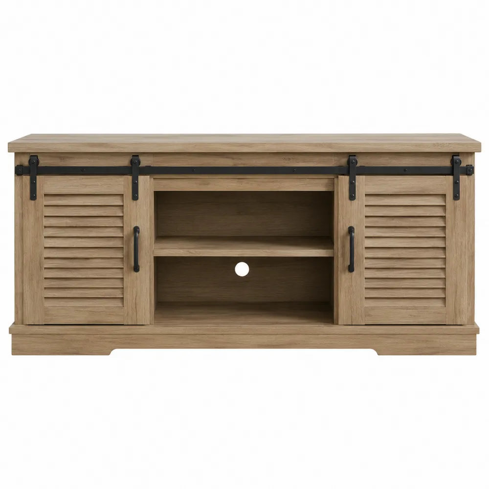 Wood TV Stand with Sliding Barn Doors and Shelves Natural Oak 132cm