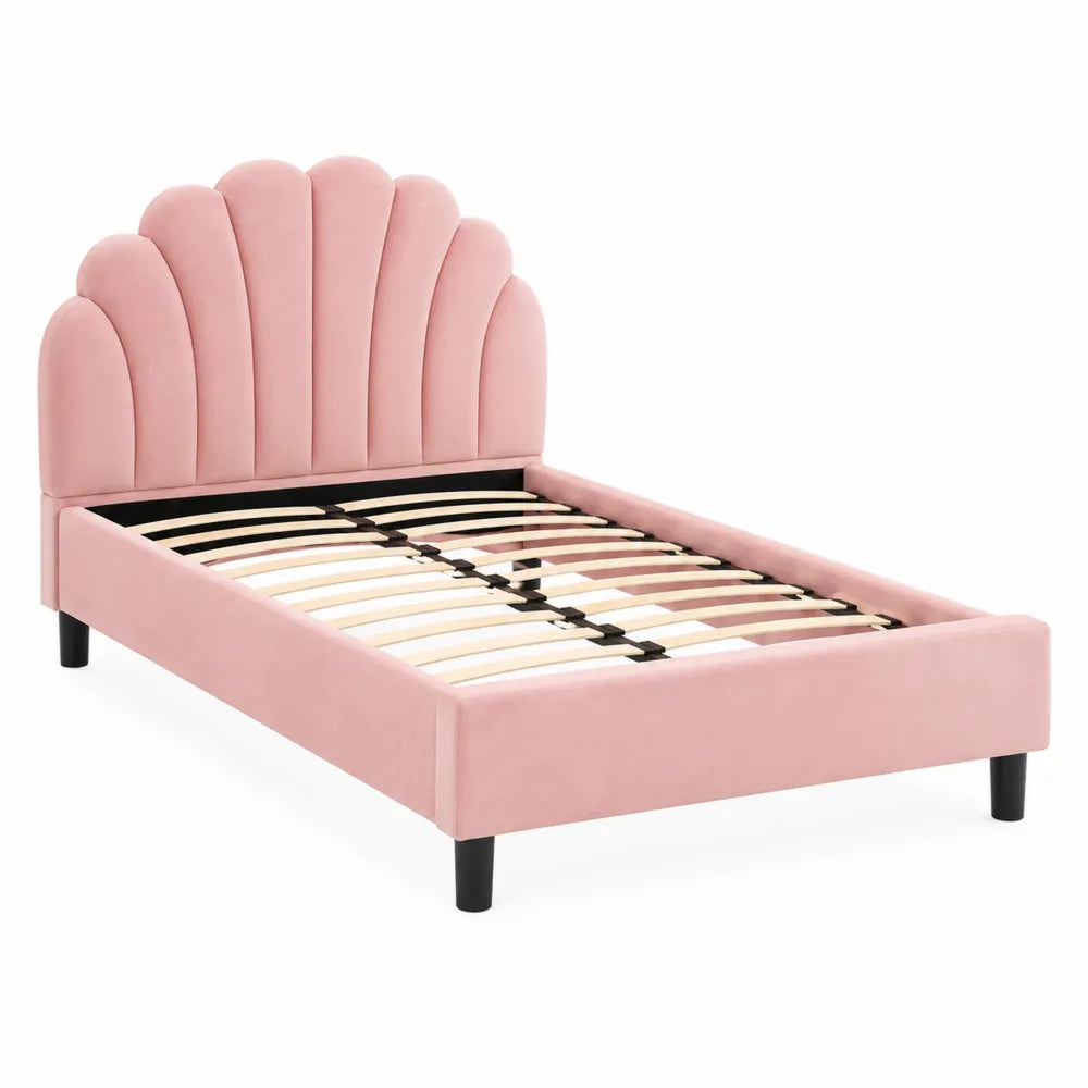 Twin Velvet Upholstered Bed Frame with Scalloped Headboard - Pink